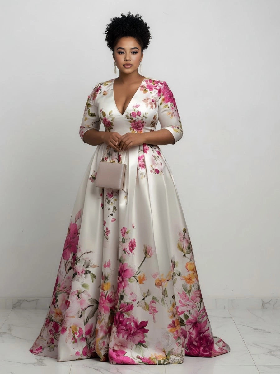 Roselledress floral print satin plus size formal gown front view, deep v neck 3/4 sleeve white base pink flower evening dress with train