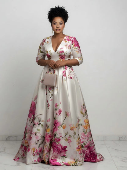 Roselledress floral print satin plus size formal gown front view, deep v neck 3/4 sleeve white base pink flower evening dress with train