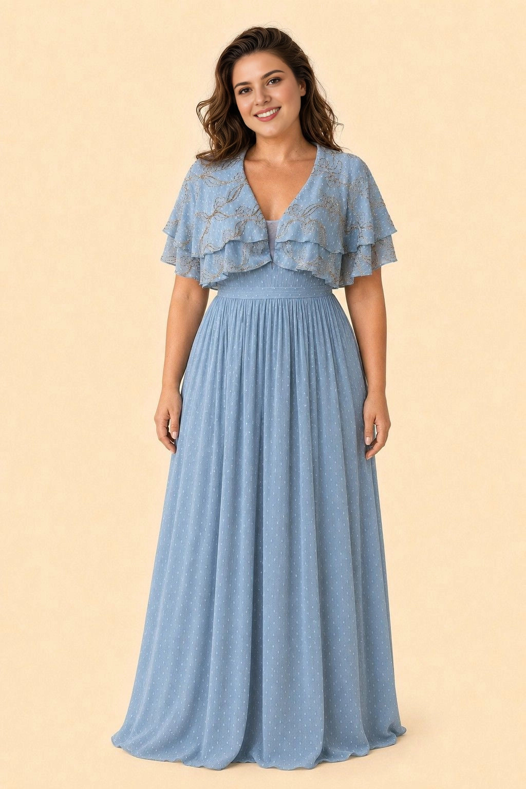 Roselledress dusty blue plus size prom dress v neck flutter sleeve embroidered bodice dot chiffon a line gown front view