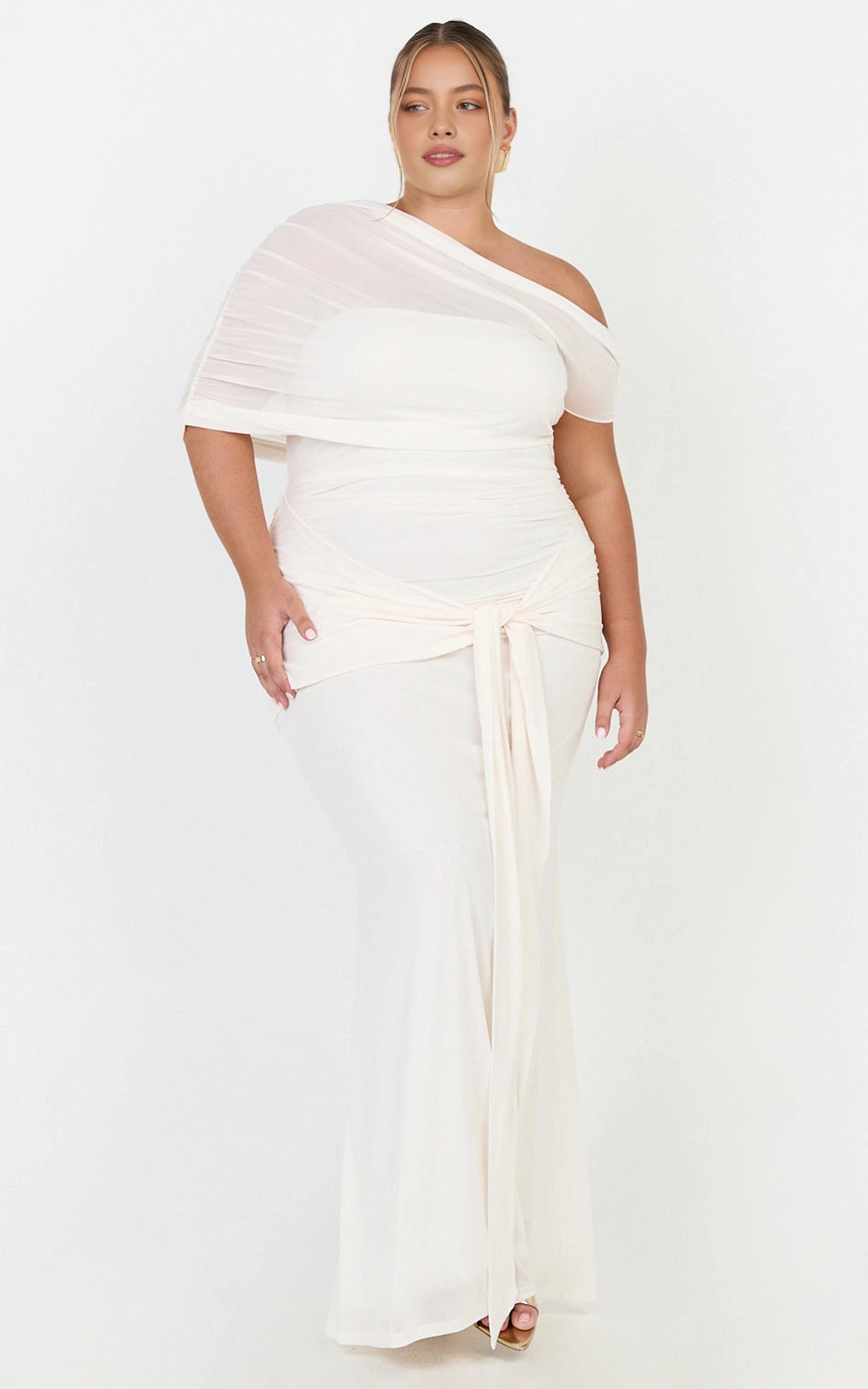 Roselledress cream plus size maxi wedding guest dress one shoulder mesh tie waist ruched mermaid gown front view