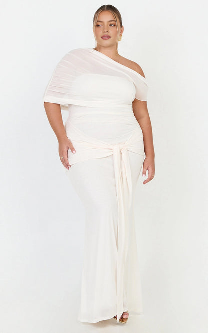 Roselledress cream plus size maxi wedding guest dress one shoulder mesh tie waist ruched mermaid gown front view