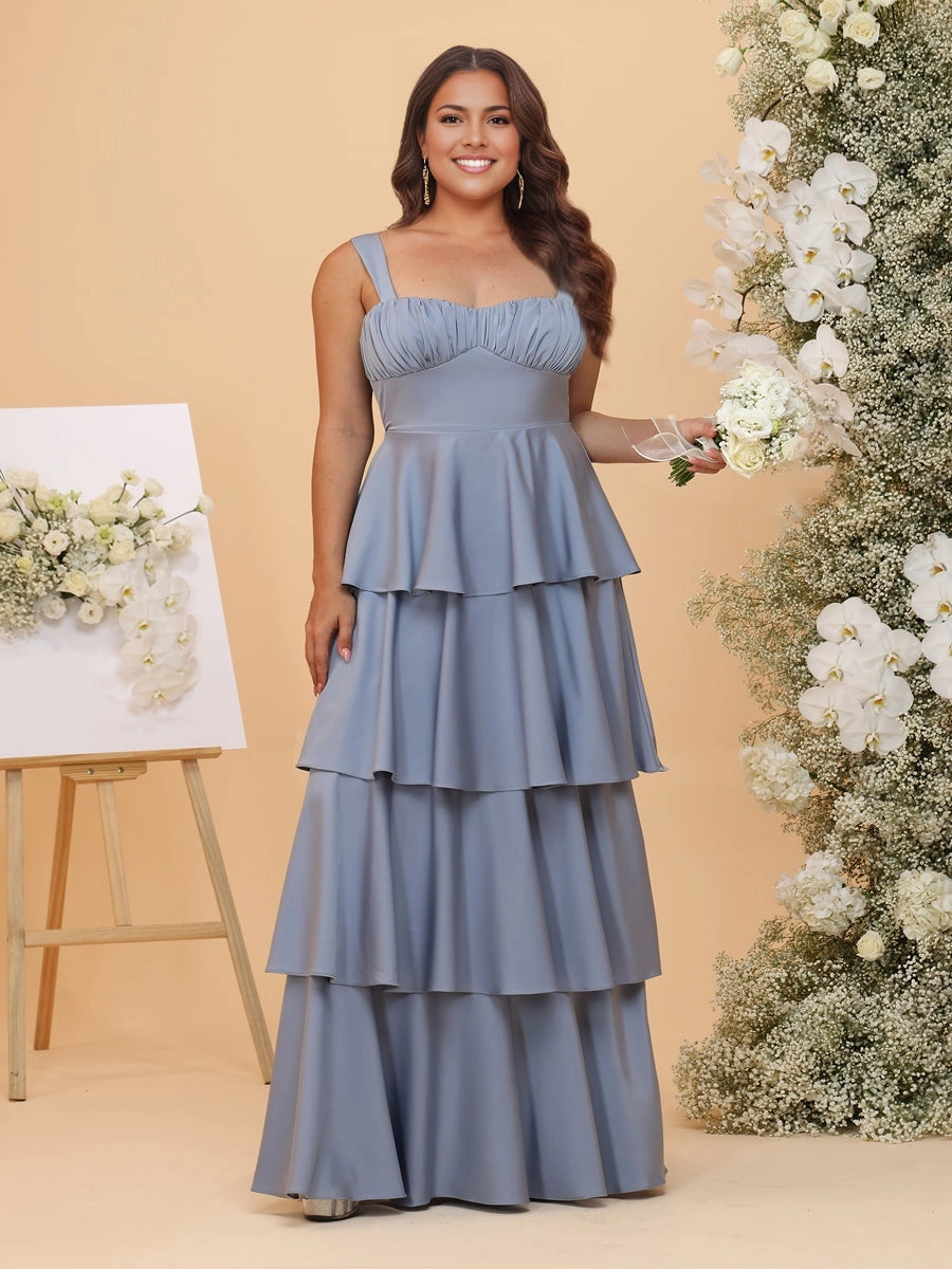 roselledress dusty blue plus size bridesmaid dress ruched sweetheart neck adjustable spaghetti strap tiered ruffle a‑line satin floor‑length gown