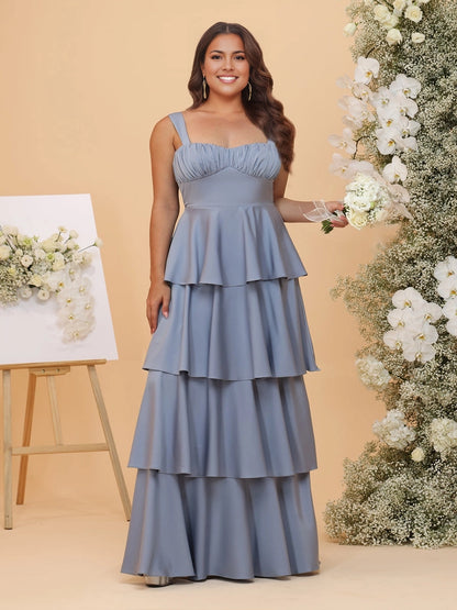 roselledress dusty blue plus size bridesmaid dress ruched sweetheart neck adjustable spaghetti strap tiered ruffle a‑line satin floor‑length gown