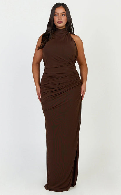 Roselledress halter ruched plus size wedding guest maxi dress front view, high slit bodycon formal gown