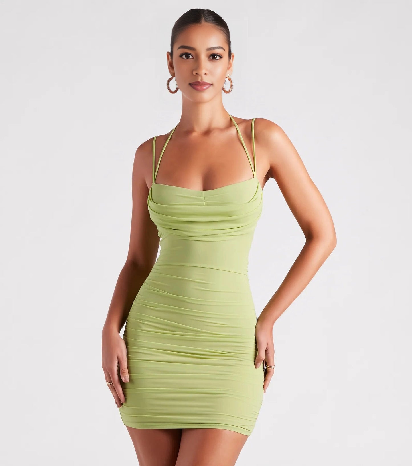 Ruched Bodycon Cowl Spaghetti Strap Tie Back Mini Homecoming Dress