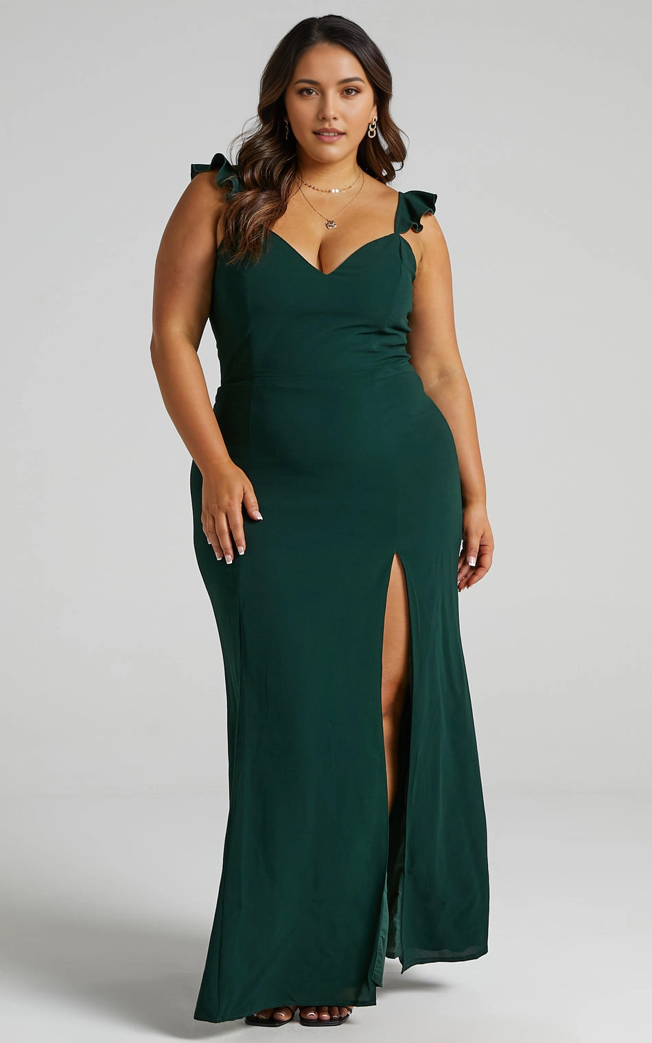 Roselledress ruffle strap plus size wedding guest maxi dress front view, v-neck high slit mermaid formal gown