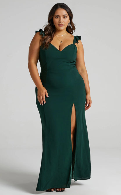 Roselledress ruffle strap plus size wedding guest maxi dress front view, v-neck high slit mermaid formal gown