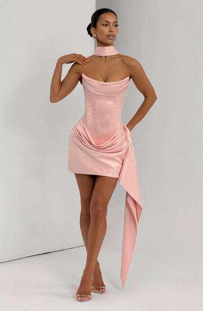 Pink satin strapless corset mini dress with choker, draped skirt, long sash and lace-up back formal dress
