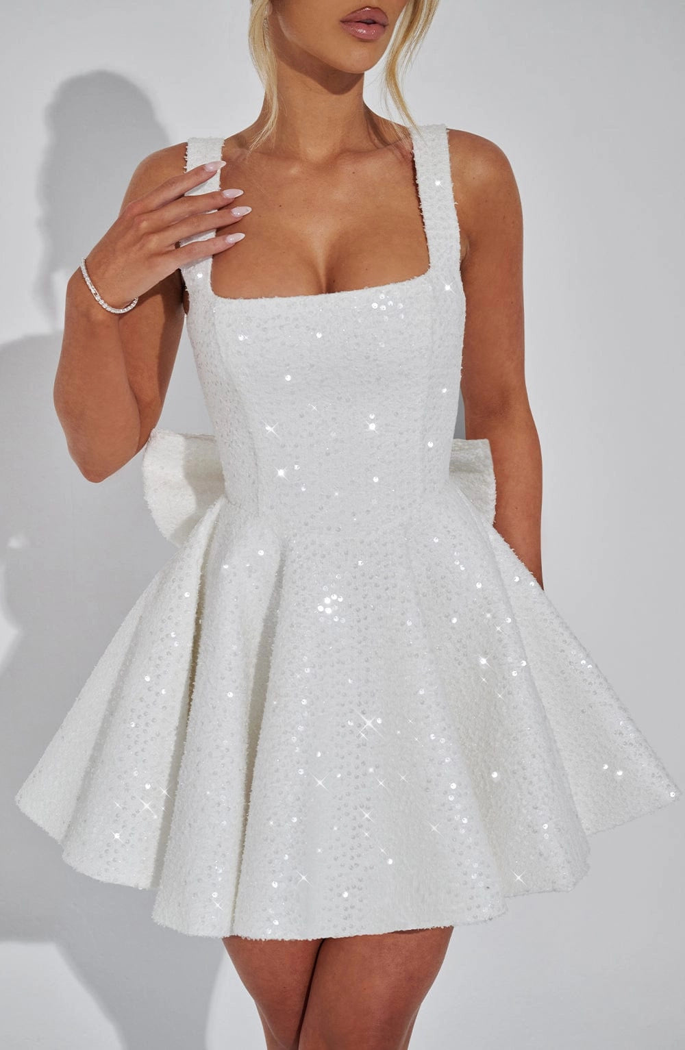 Sequin Flared Square Sleeveless BowBack Mini  Homecoming Dress