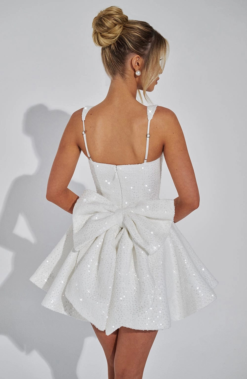 Sequin Flared Square Sleeveless BowBack Mini  Homecoming Dress