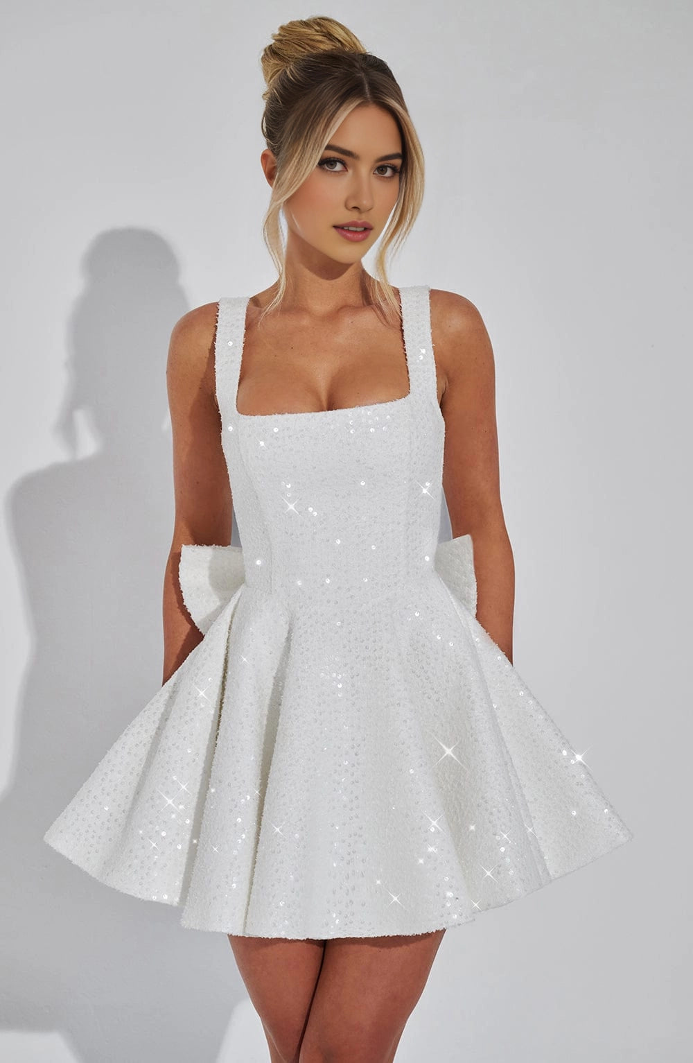Sequin Flared Square Sleeveless BowBack Mini  Homecoming Dress