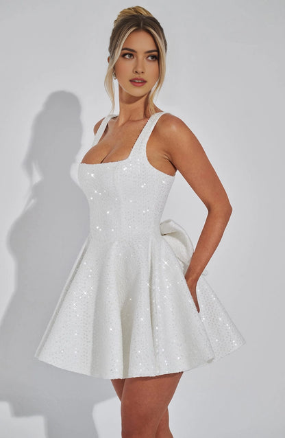 Sequin Flared Square Sleeveless BowBack Mini  Homecoming Dress