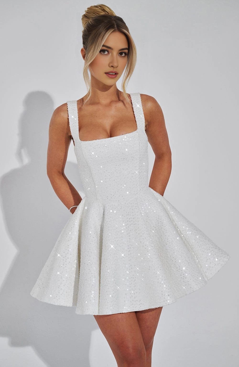 Sequin Flared Square Sleeveless BowBack Mini  Homecoming Dress