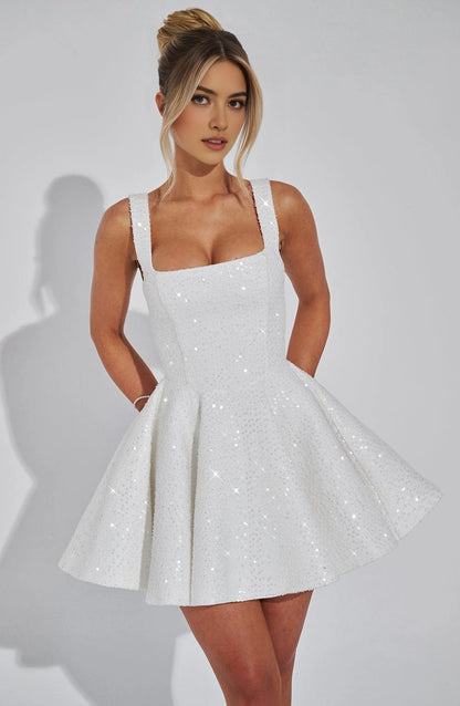 Sequin Flared Square Sleeveless BowBack Mini  Homecoming Dress