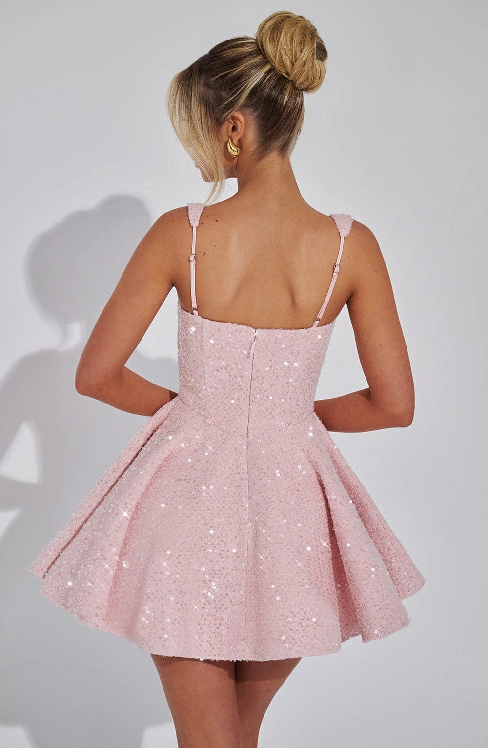 Sequin Flared Square Sleeveless BowBack Mini  Homecoming Dress