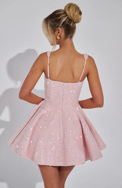 Sequin Flared Square Sleeveless BowBack Mini  Homecoming Dress