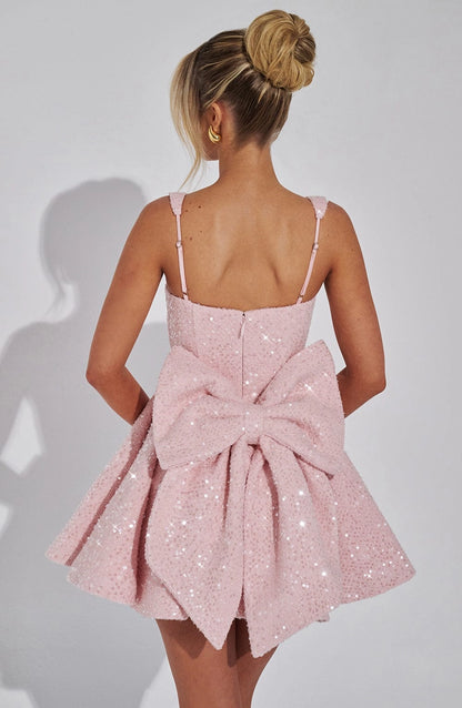Sequin Flared Square Sleeveless BowBack Mini  Homecoming Dress