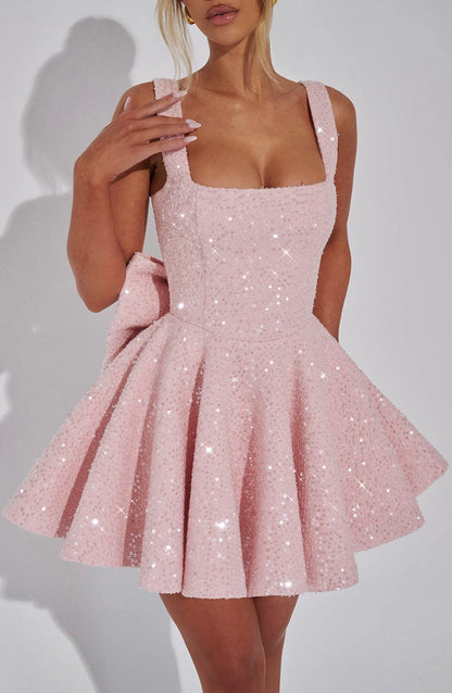 Sequin Flared Square Sleeveless BowBack Mini  Homecoming Dress