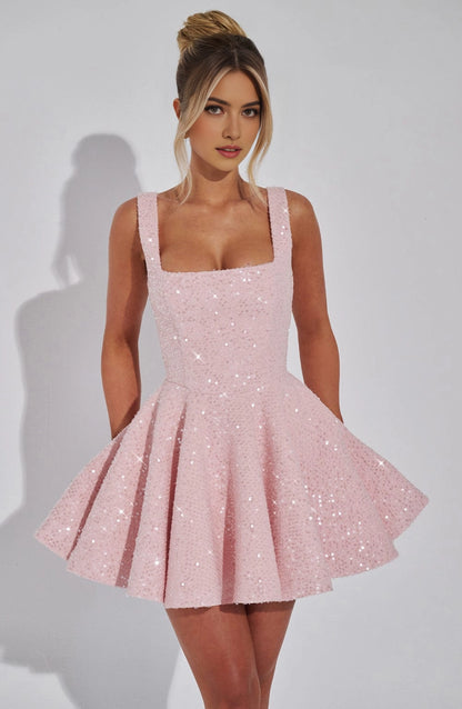 Sequin Flared Square Sleeveless BowBack Mini  Homecoming Dress