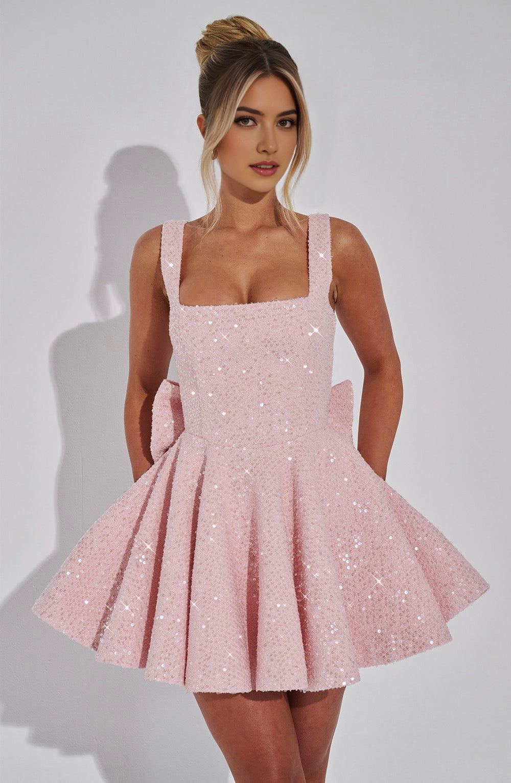 Sequin Flared Square Sleeveless BowBack Mini  Homecoming Dress