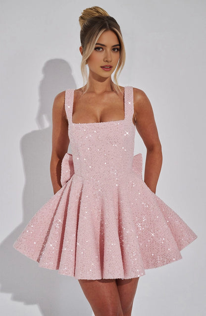 Sequin Flared Square Sleeveless BowBack Mini  Homecoming Dress