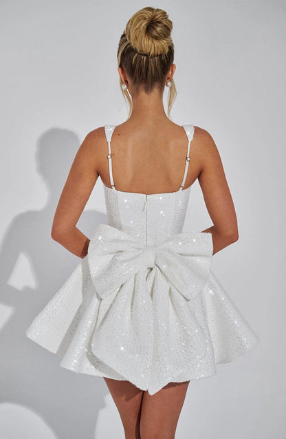 Sequin Flared Square Sleeveless BowBack Mini  Homecoming Dress