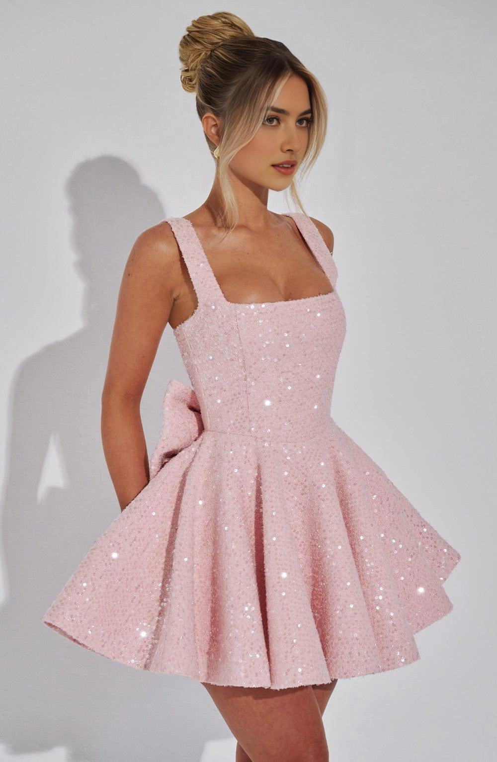 Sequin Flared Square Sleeveless BowBack Mini  Homecoming Dress