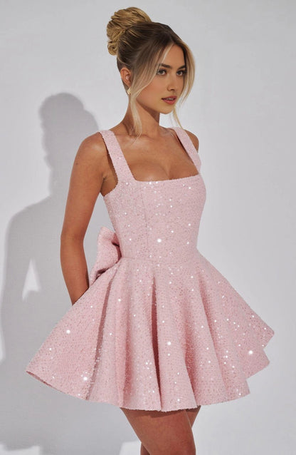 Sequin Flared Square Sleeveless BowBack Mini  Homecoming Dress