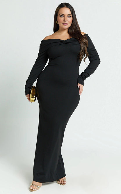Roselledress black plus size wedding guest dress off shoulder twist long sleeve sheath maxi gown front view