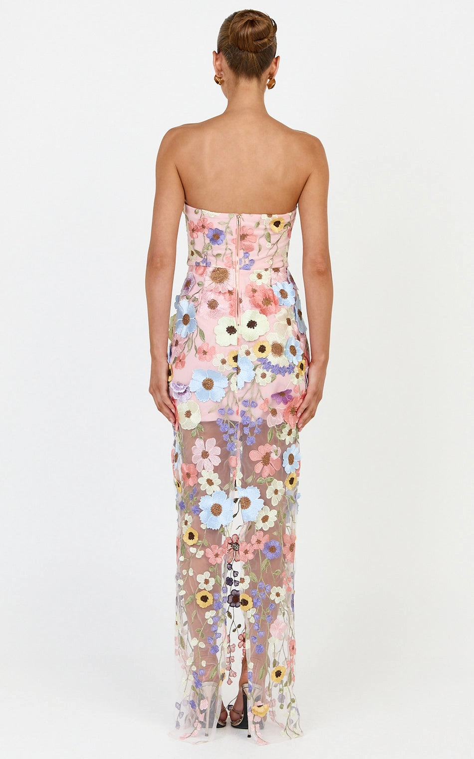 Roselledress strapless floral applique plus size wedding guest dress back view, invisible zipper mesh party maxi dress