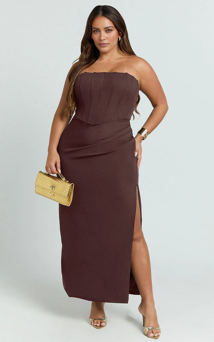 Roselledress chocolate plus size prom dress strapless corset bodice ruched waist slit sheath midi gown front view