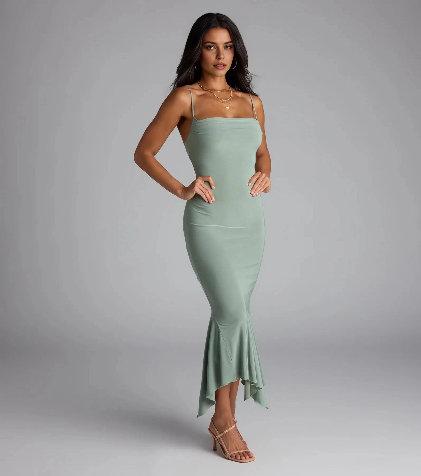 Smooth Midi Mermaid Square Spaghetti Strap Plain Back Midi Homecoming Dress