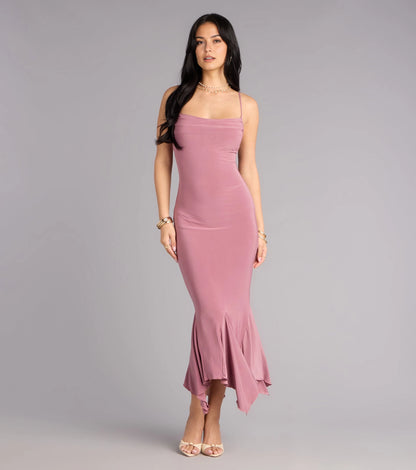 Smooth Midi Mermaid Square Spaghetti Strap Plain Back Midi Homecoming Dress