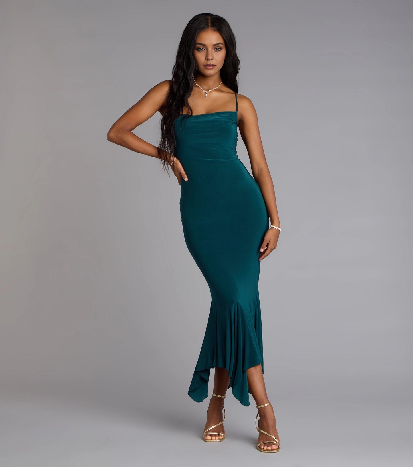 Smooth Midi Mermaid Square Spaghetti Strap Plain Back Midi Homecoming Dress