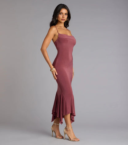 Smooth Midi Mermaid Square Spaghetti Strap Plain Back Midi Homecoming Dress