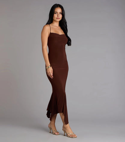 Smooth Midi Mermaid Square Spaghetti Strap Plain Back Midi Homecoming Dress
