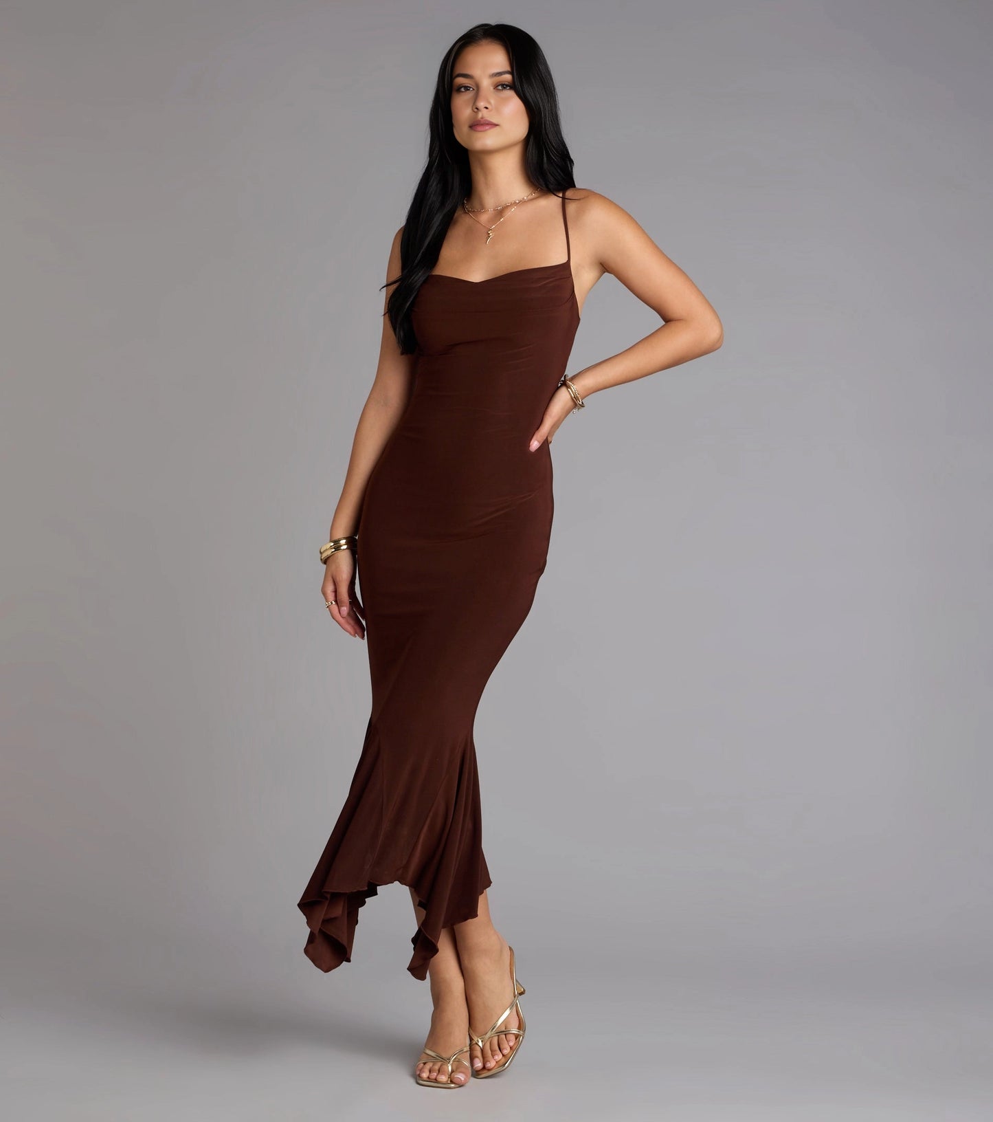 RoselleDress dusty rose smooth knit midi bridesmaid dress, square neck adjustable thin straps, plain low open back asymmetrical ruffle mermaid formal gown