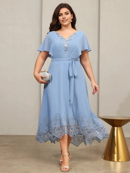 roselledress dusty blue plus size wedding guest dress v neck flutter sleeve chiffon a‑line midi gown with lace applique hem