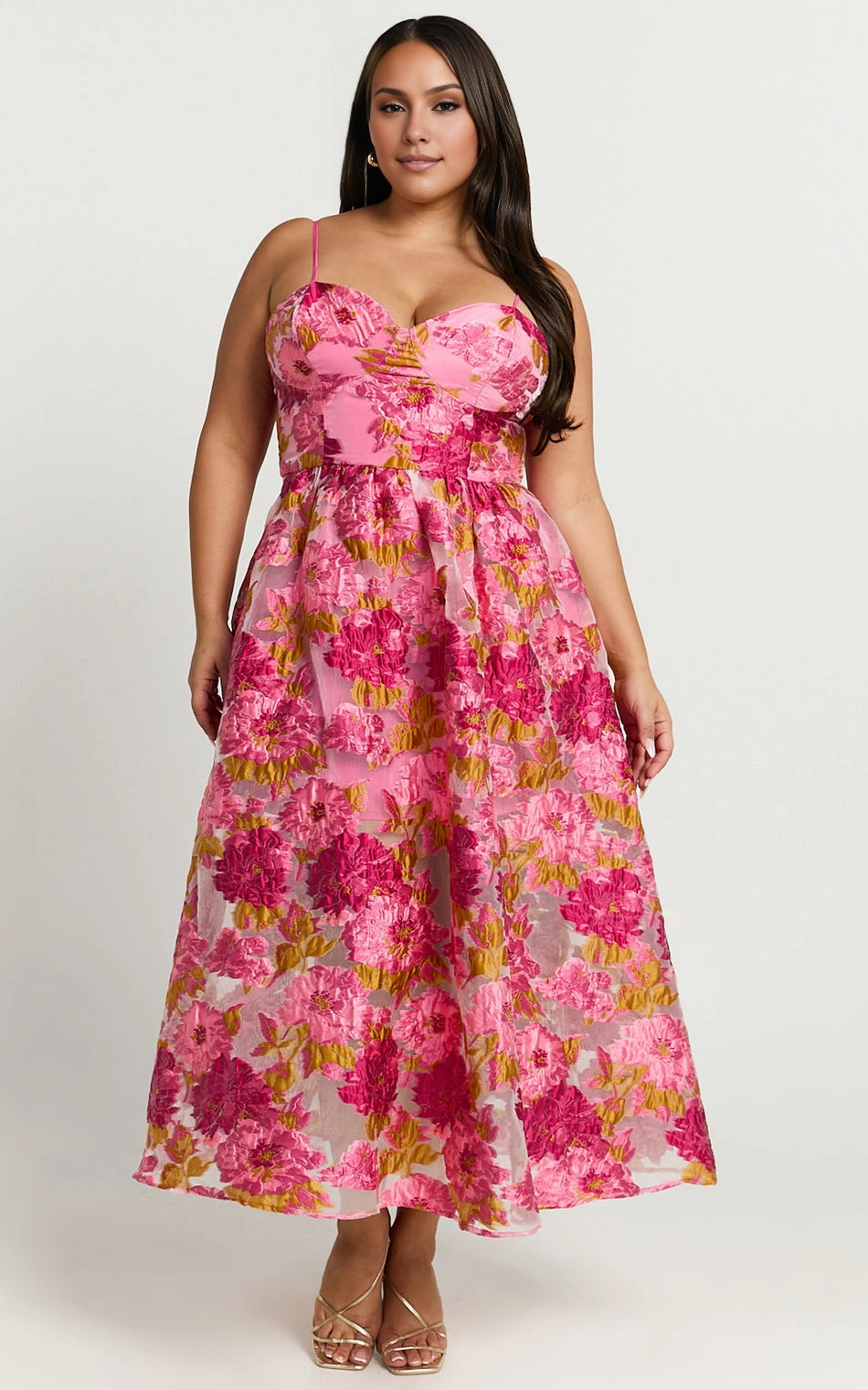 Roselledress pink floral jacquard plus size wedding guest midi dress front view, sweetheart bust thin strap flowy a-line gown