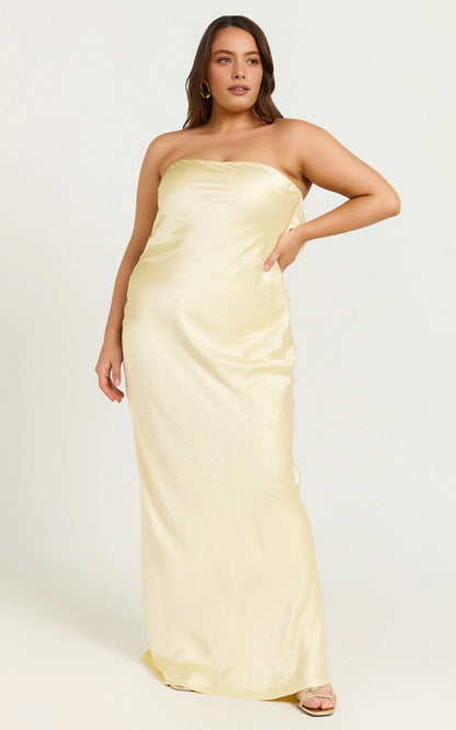 Roselledress strapless satin plus size wedding guest maxi dress front view, sleek bodycon formal gown