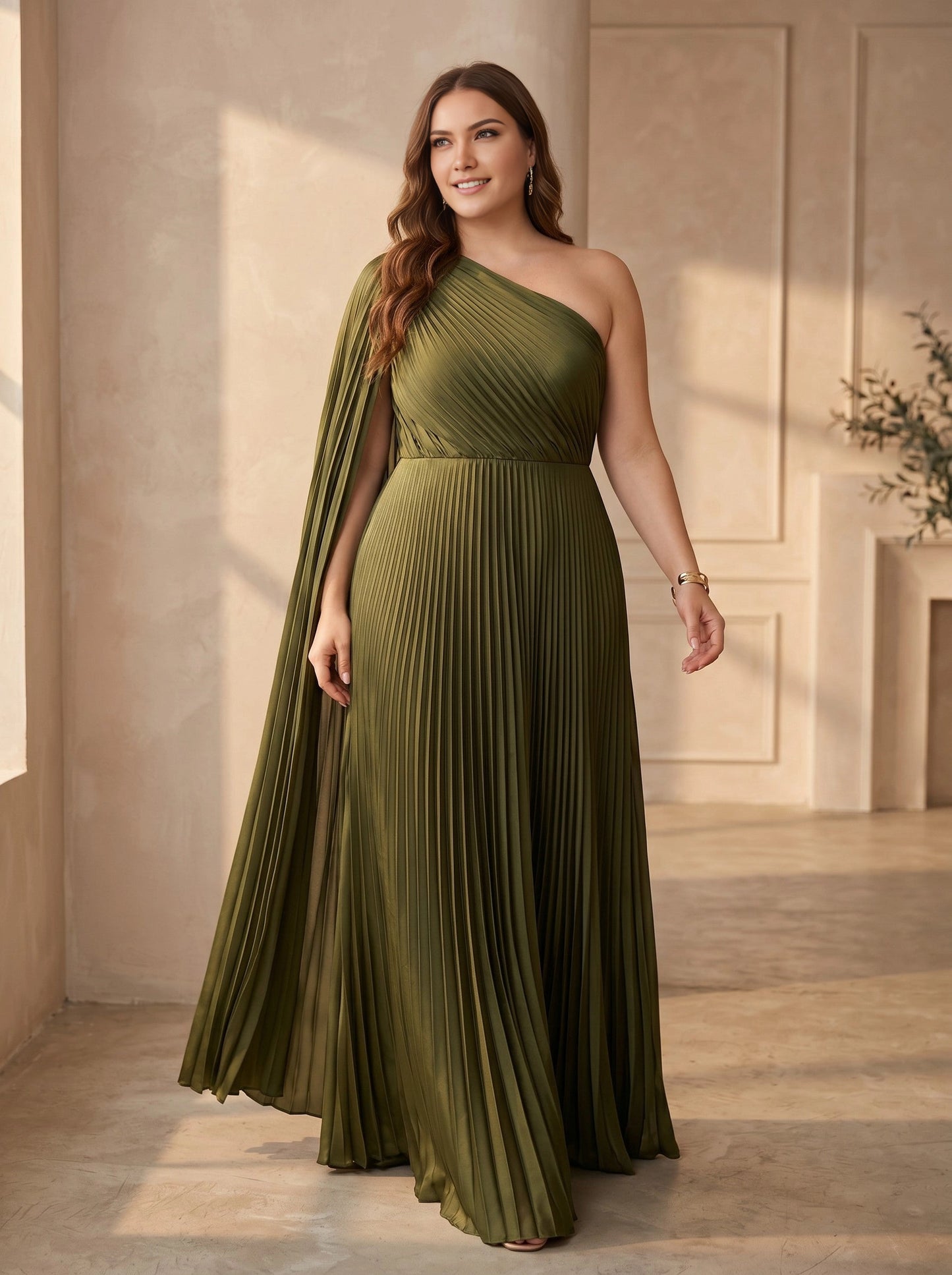 Roselledress olive green plus size mother of bride dress one shoulder cape sleeve pleated maxi gown front view