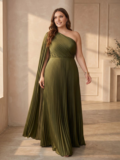 Roselledress olive green plus size mother of bride dress one shoulder cape sleeve pleated maxi gown front view