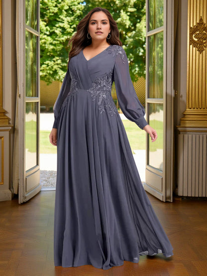 Roselledress charcoal grey plus size mother of the bride dress front view, long bishop sleeve lace applique chiffon long gown