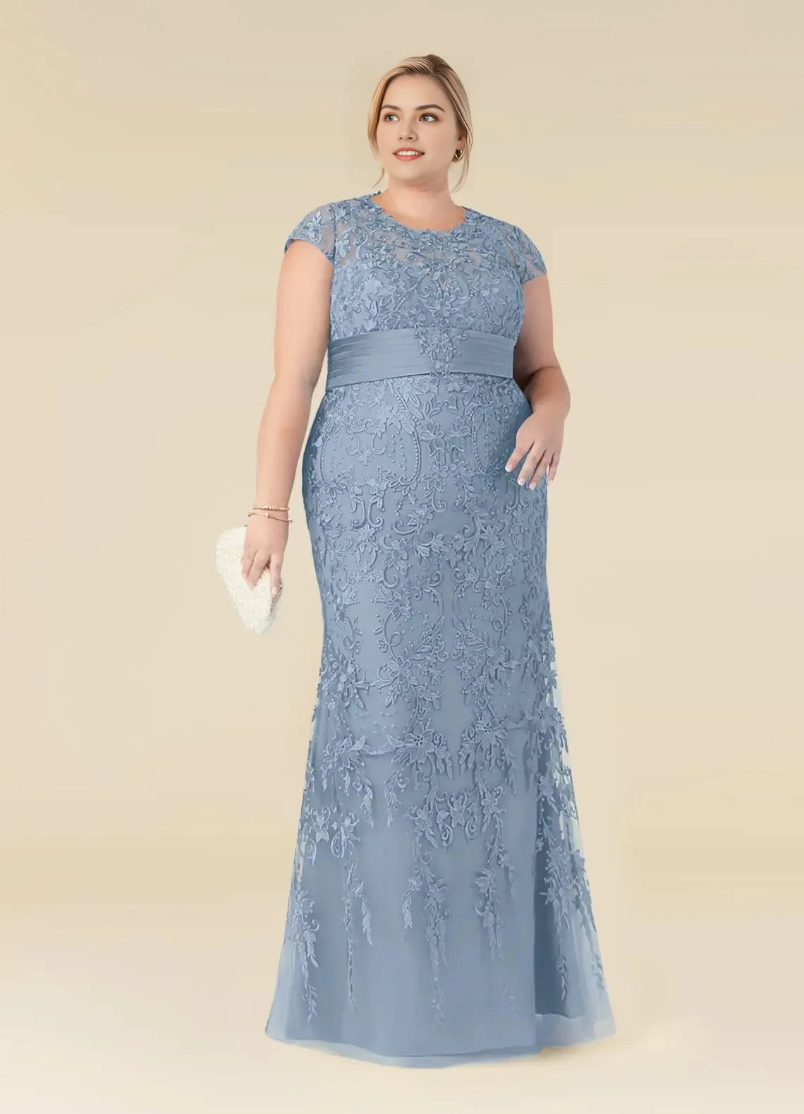 Roselledress dusty blue plus size mother of the bride dress round neck cap sleeve lace mermaid gown with sash front view