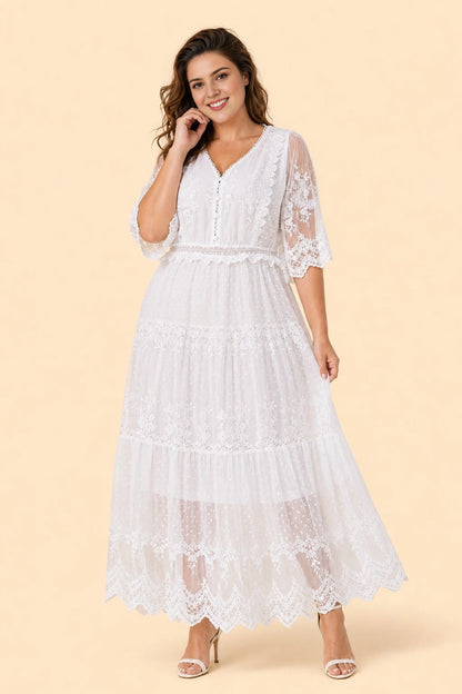 Roselledress white lace plus size maxi dress front view, v-neck elbow sleeve tiered tulle lace wedding guest gown