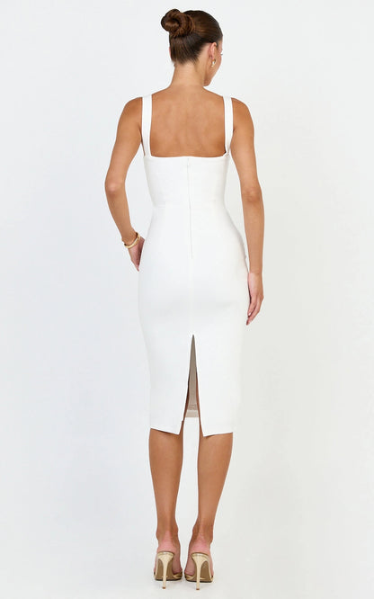Roselledress wide strap formal dress plus size square low back invisible zipper back slit midi wedding guest dress back view