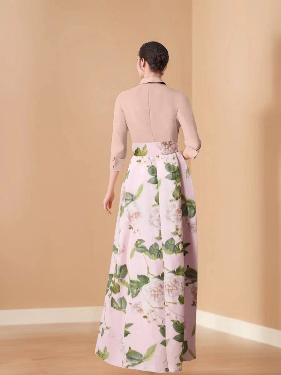 Back view RoselleDress pink floral print a line formal dress solid closed back midi cuff sleeve wedding guest long dress