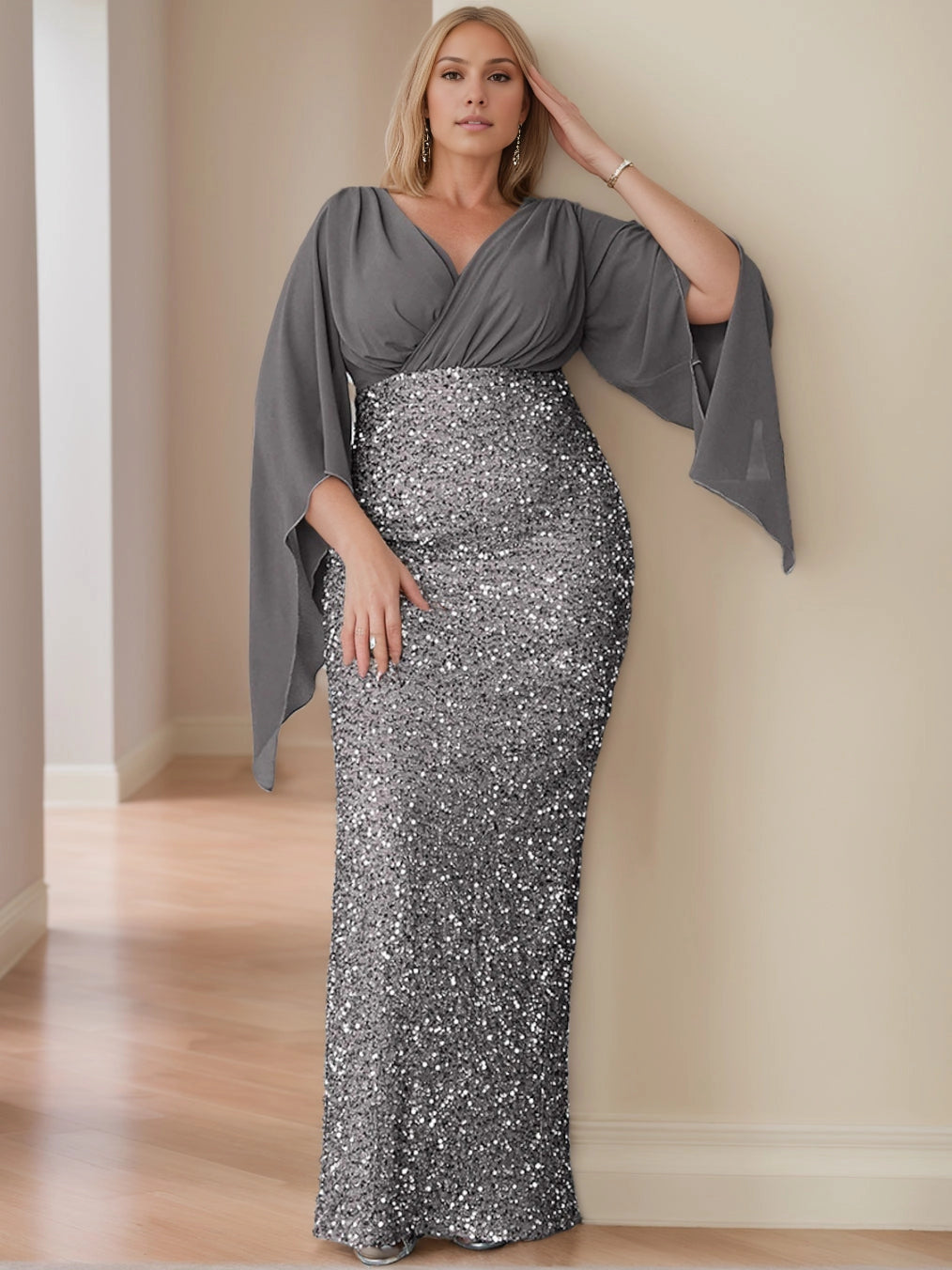 Roselledress grey plus size mother of bride maxi gown front view, wrap v neck chiffon cape sleeve fitted sequin formal dress