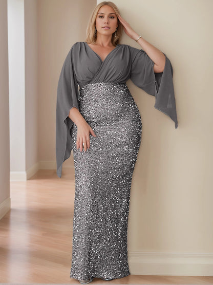 Roselledress grey plus size mother of bride maxi gown front view, wrap v neck chiffon cape sleeve fitted sequin formal dress