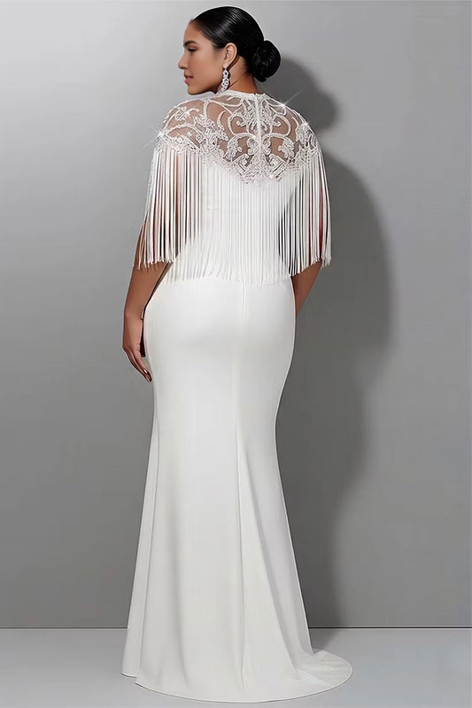 Back view RoselleDress white mermaid formal dress sheer lace zip back fringe cape overlay elegant plus size evening gown with train